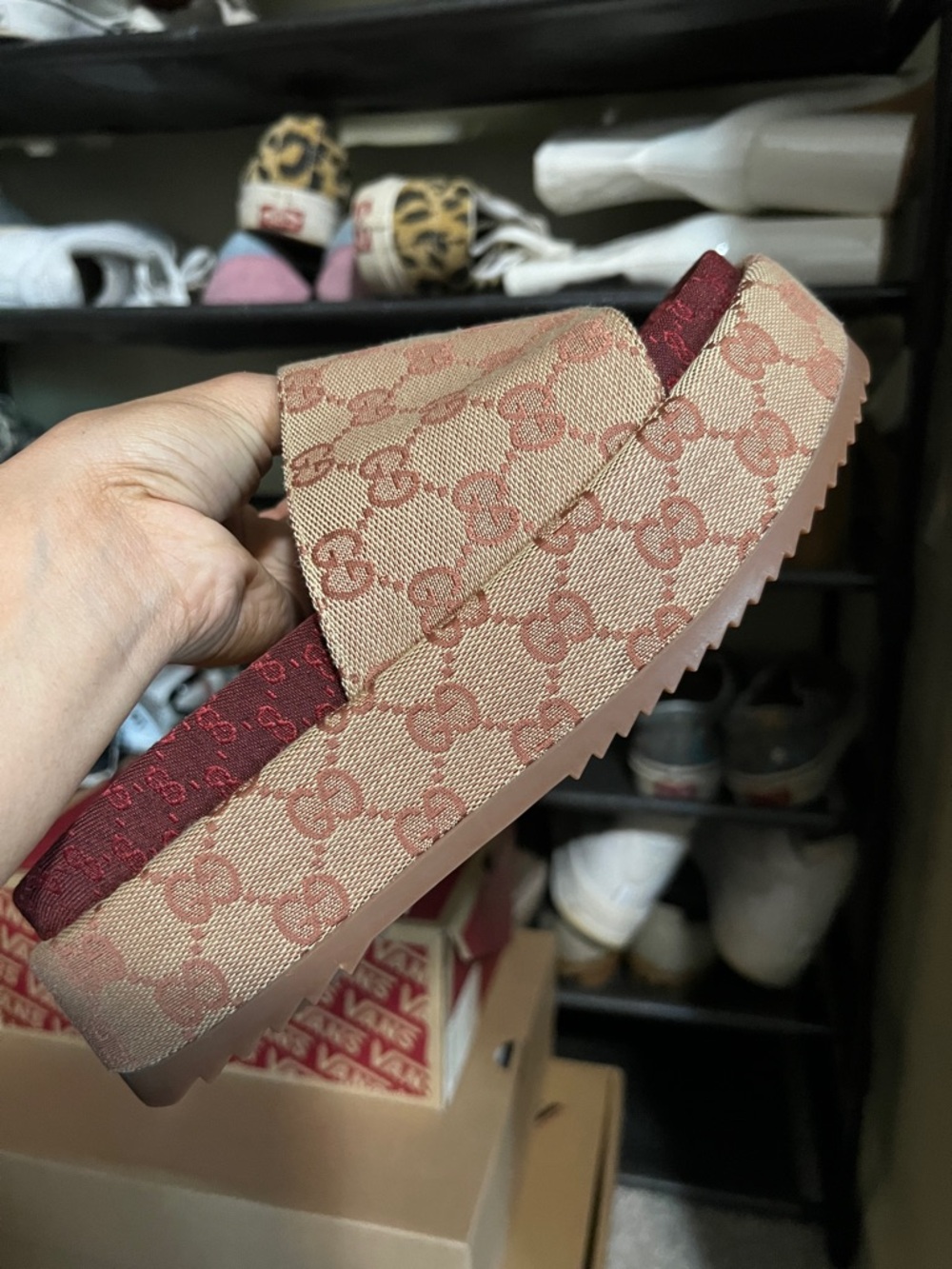 FAUX Beige and Burgundy GG Canvas Slide Sandal